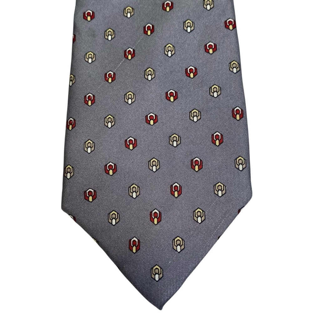 Vintage Christian Dior Mens Tie Equestrian Gray & Red Foulard 100% Silk Necktie